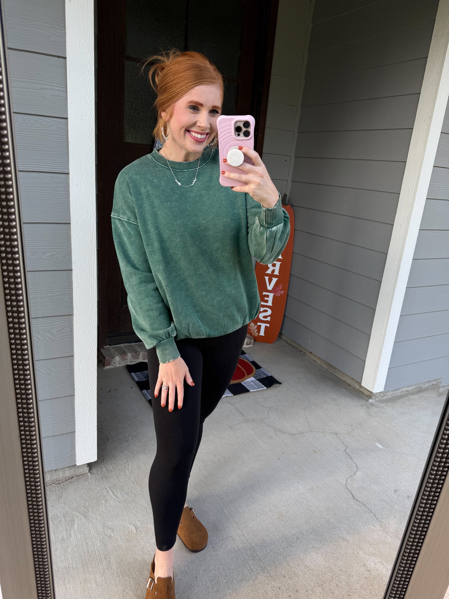 Acid Washed Fleece Pullover-Dark Green