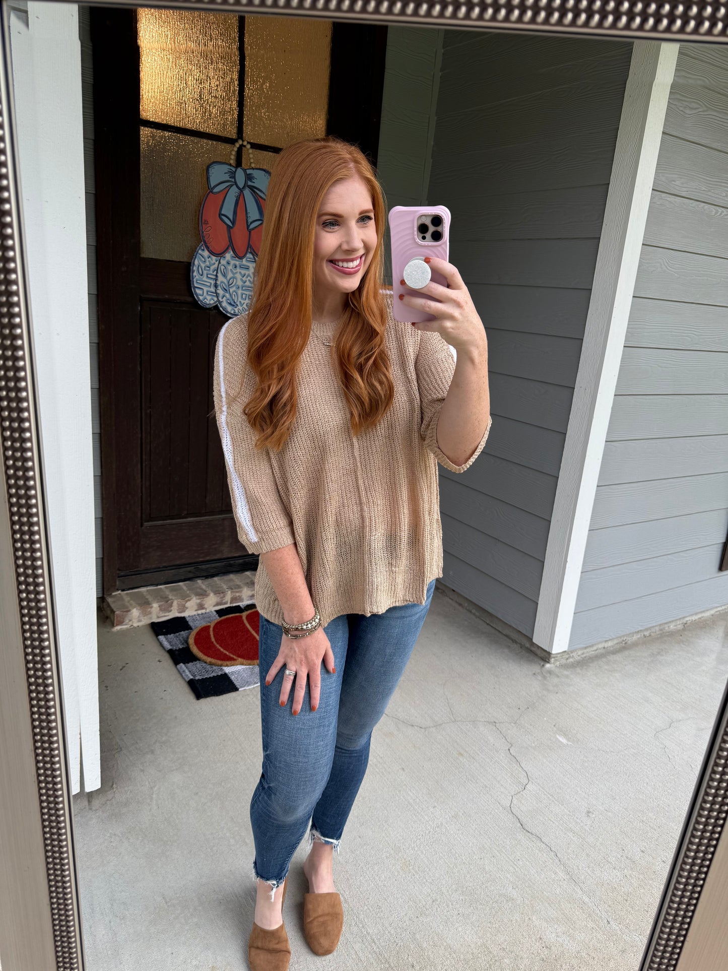 Beige Contrast Striped 3/4 Sleeve
