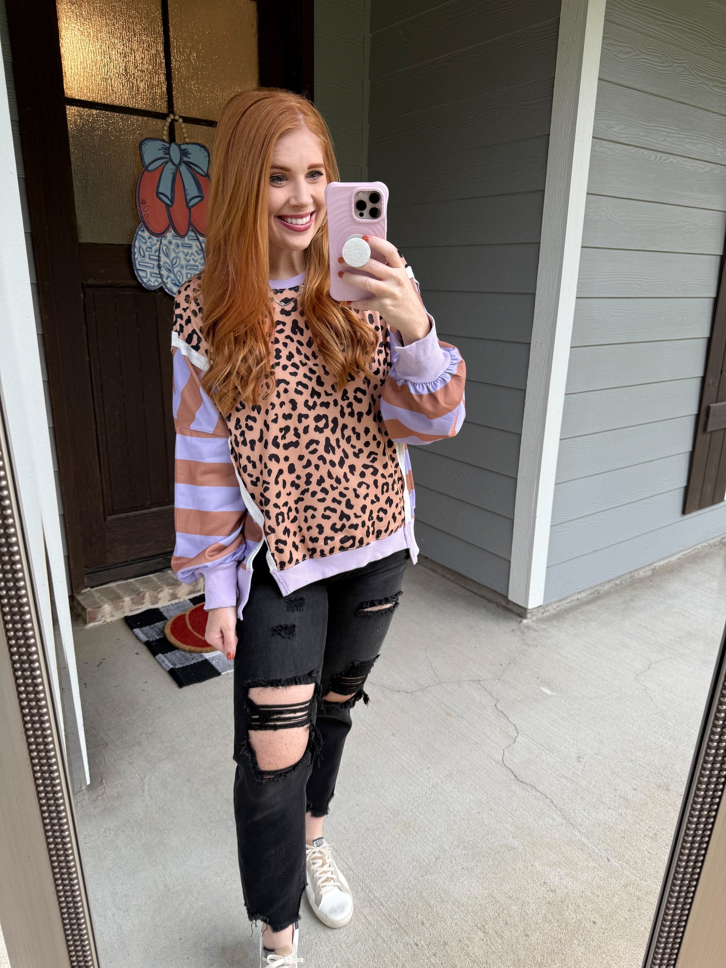 Leopard/Stripe Lavender Sweatshirt