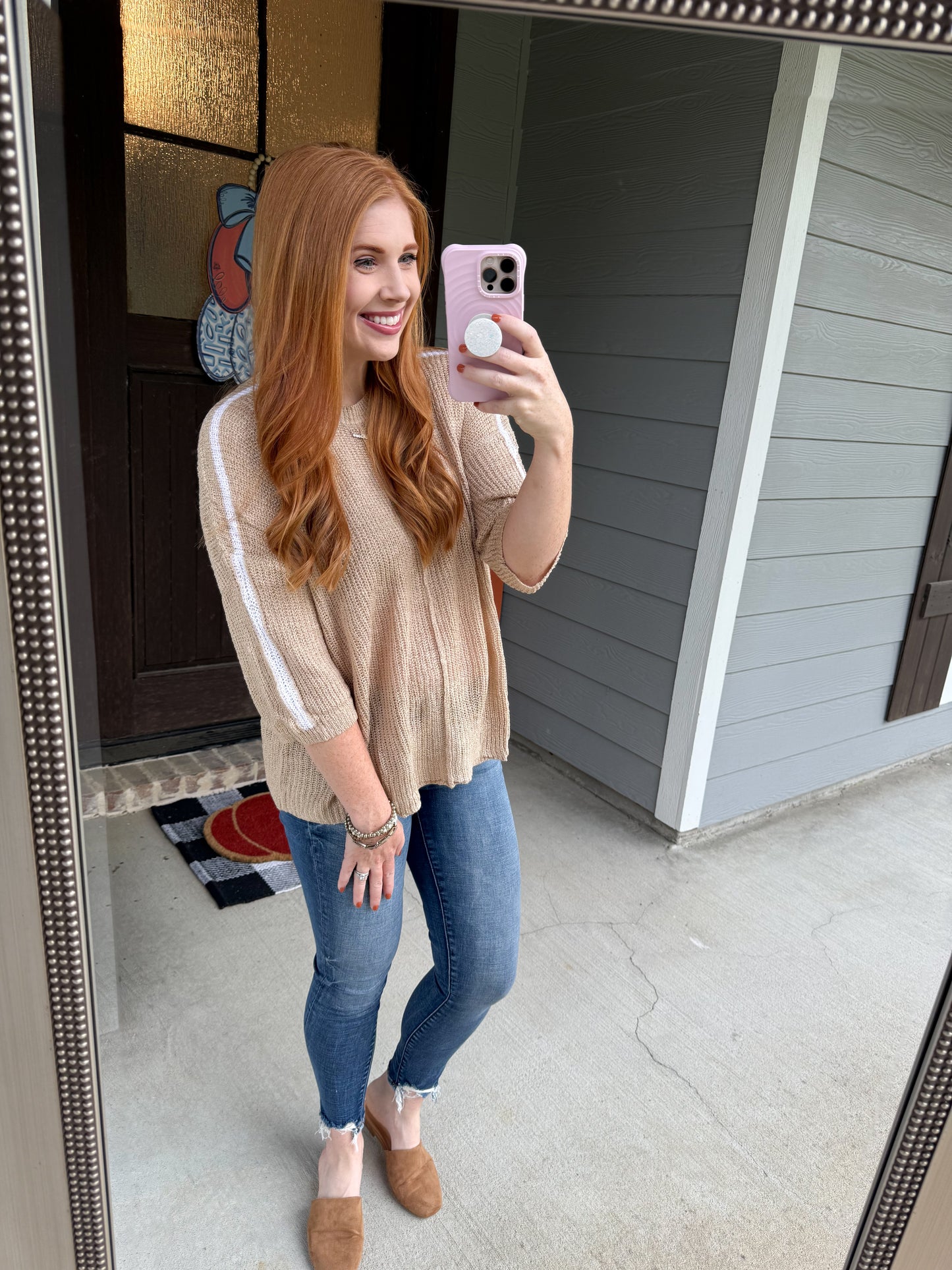 Beige Contrast Striped 3/4 Sleeve