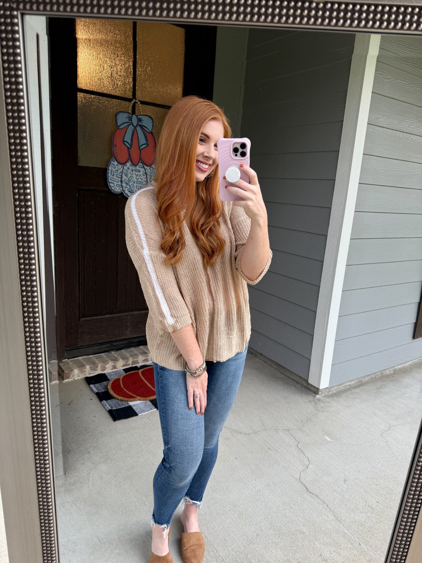 Beige Contrast Striped 3/4 Sleeve