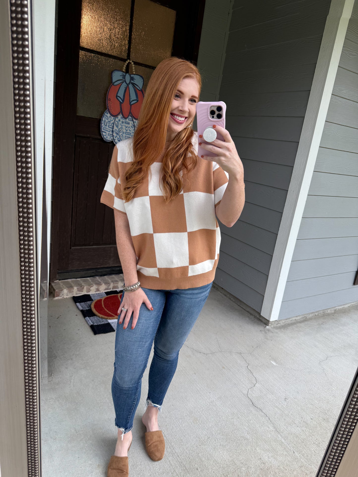 Short Sleeve Beige Checkered Top