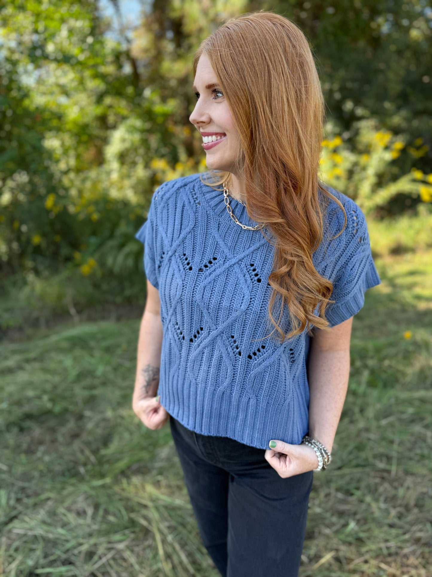 Cable Knit Short Sleeve Sweater