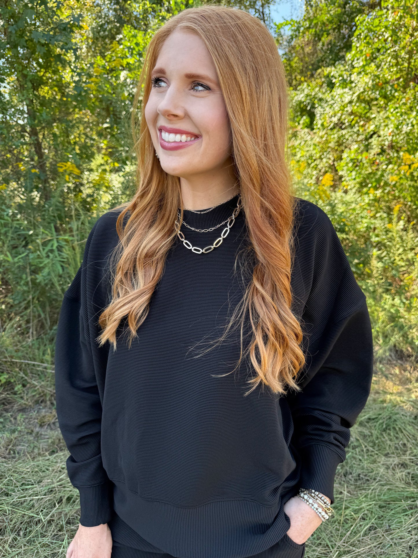 Ribbed Round Neck Pullover & Short Set-Black