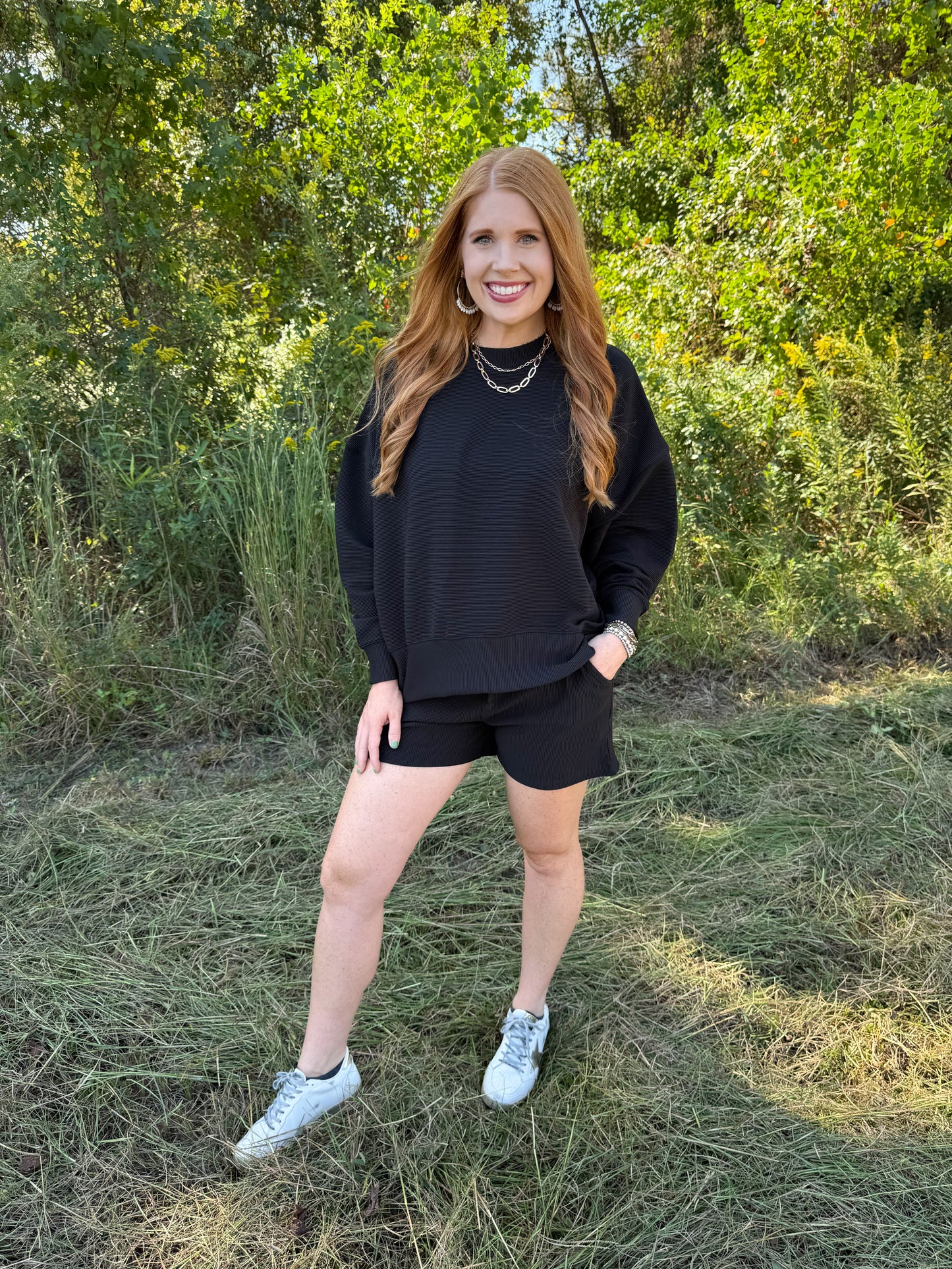 Ribbed Round Neck Pullover & Short Set-Black