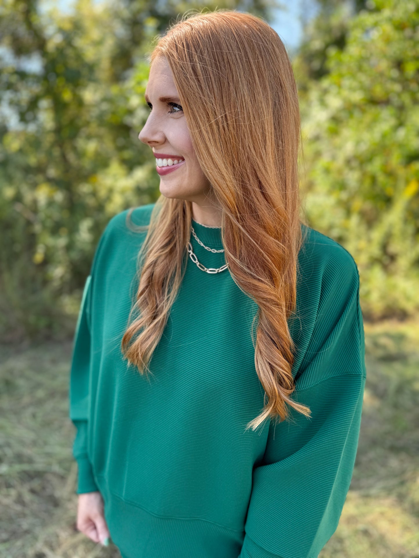 Ribbed Round Neck Pullover & Short Set-Hunter Green