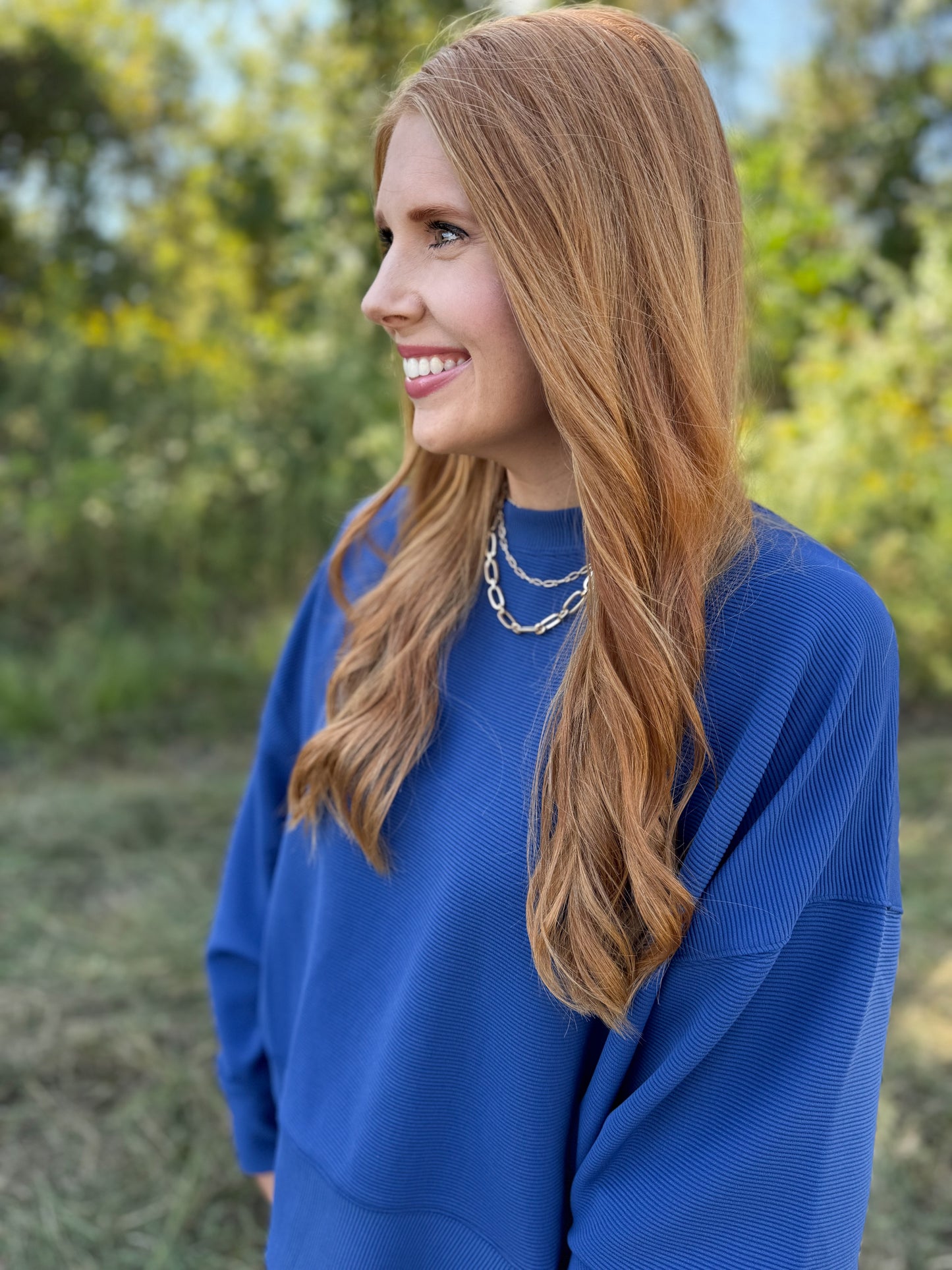 Ribbed Round Neck Pullover & Short Set- Royal Blue