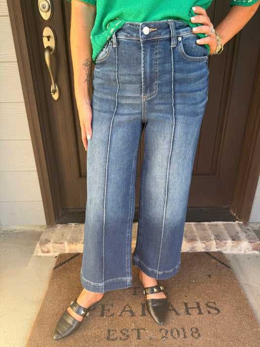 Zenana High Rise Wide Pintuck Jeans-Dark
