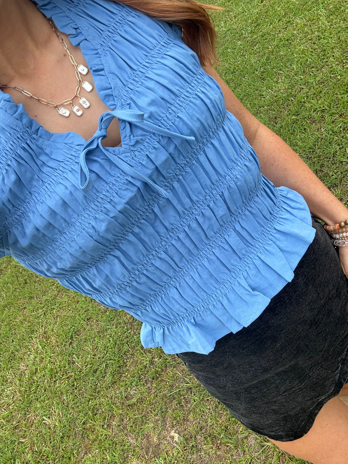 Blue Smocked Peplum Top
