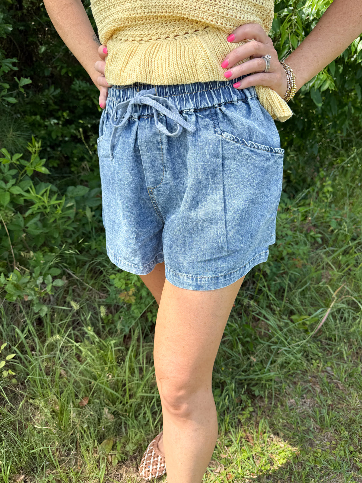 Elastic Waist Chambray Shorts