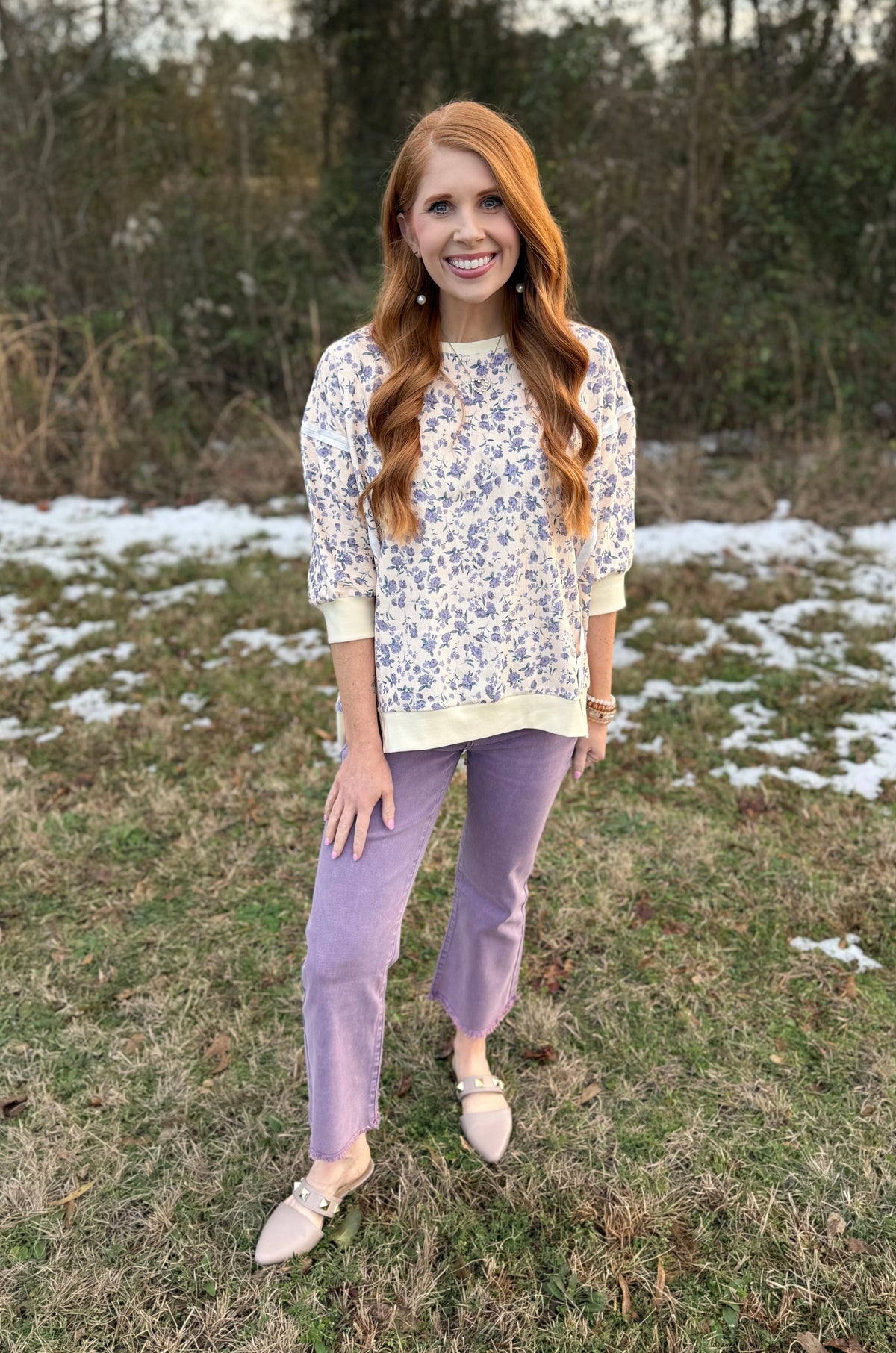 Floral Printed Lavender/Cream Top