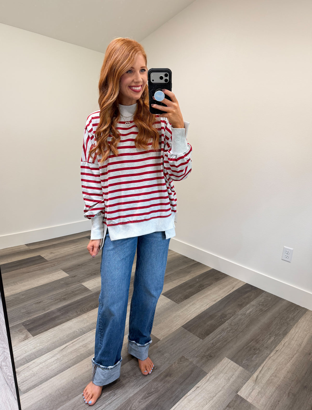 Oversized Red Stripe Mock Neck
