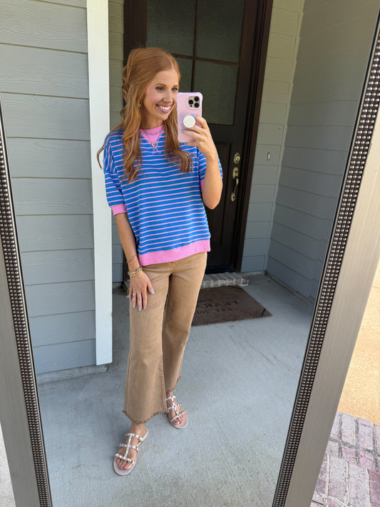 Classic Stripe Top-Ocean Blue/Candy Pink