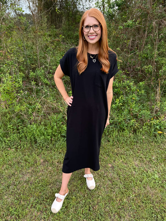 Zenana Short Sleeve Midi Dress-Black
