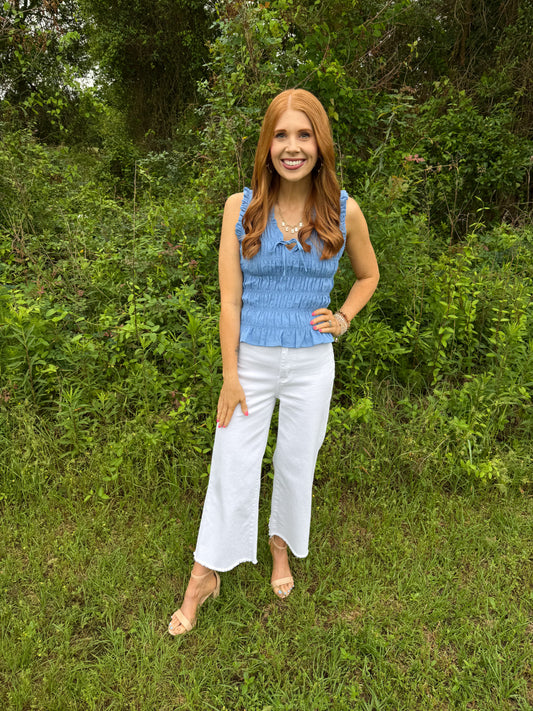 Blue Smocked Peplum Top