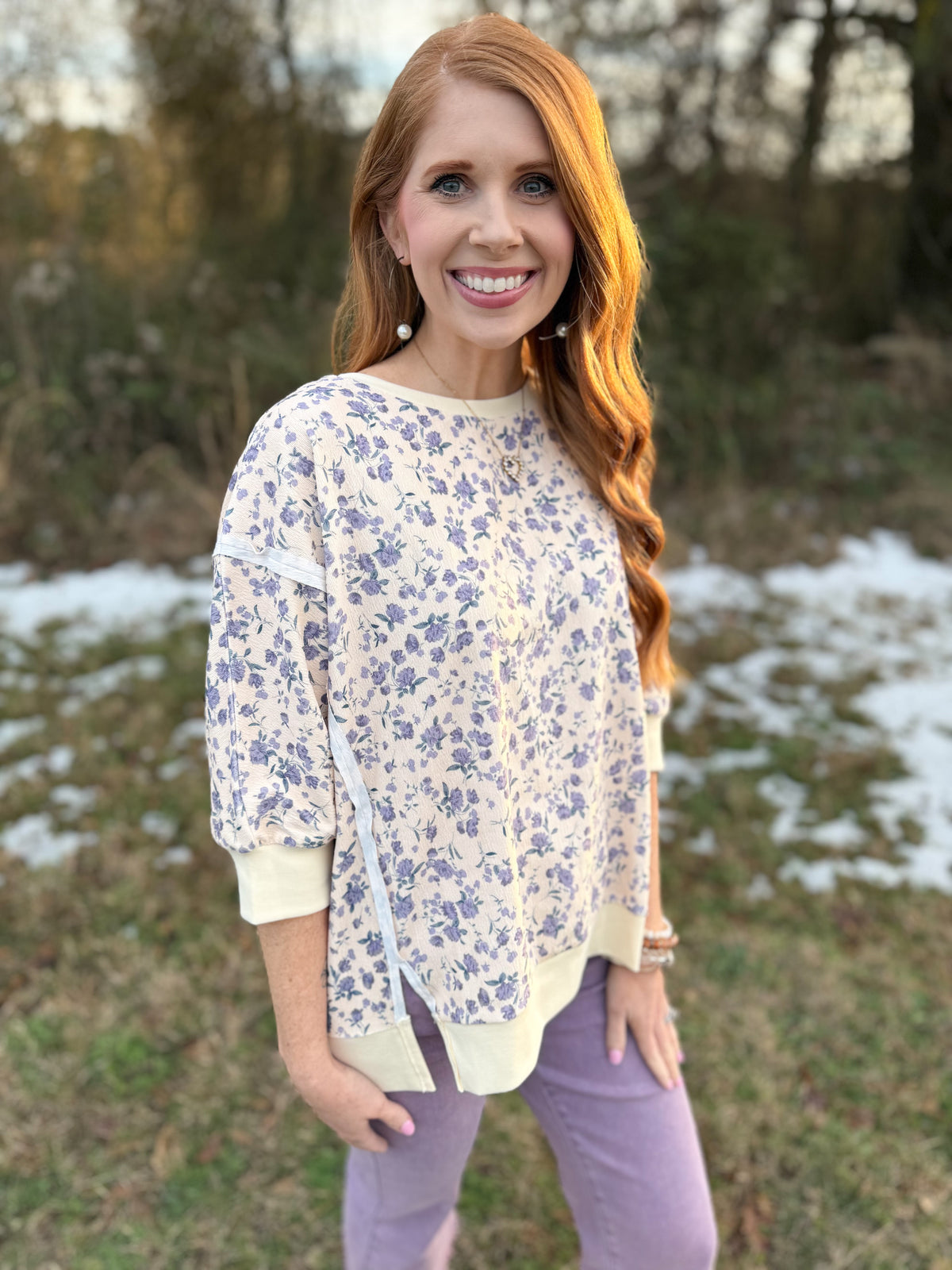 Floral Printed Lavender/Cream Top