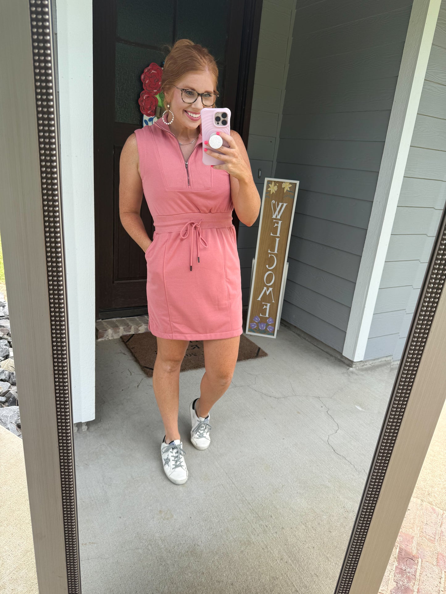 Mineral Pink Zipped Collar Drawstring Dress
