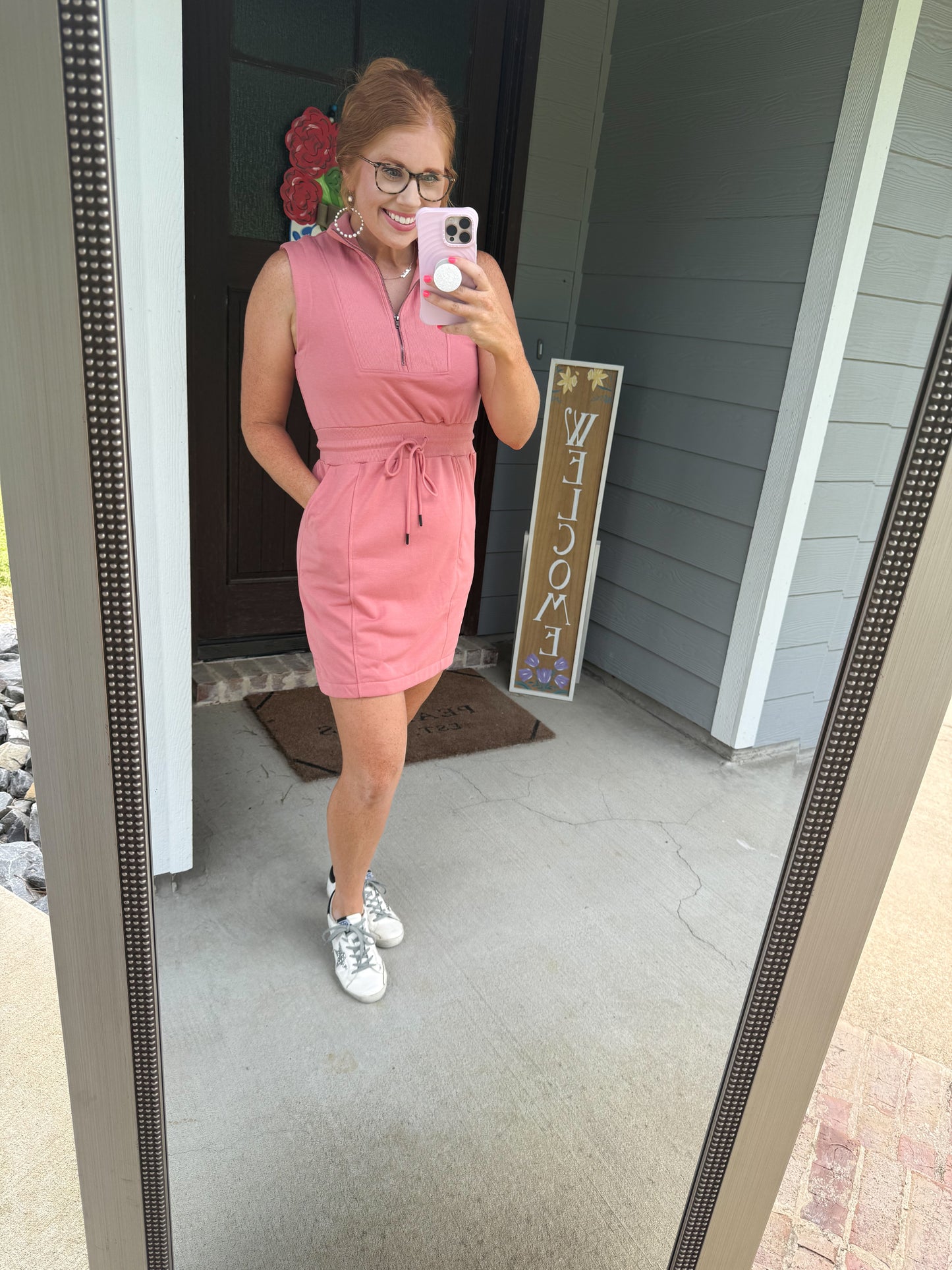 Mineral Pink Zipped Collar Drawstring Dress