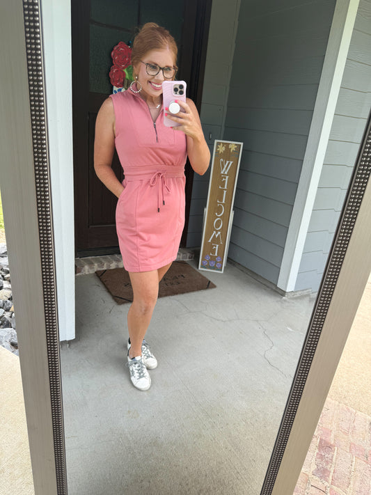 Mineral Pink Zipped Collar Drawstring Dress
