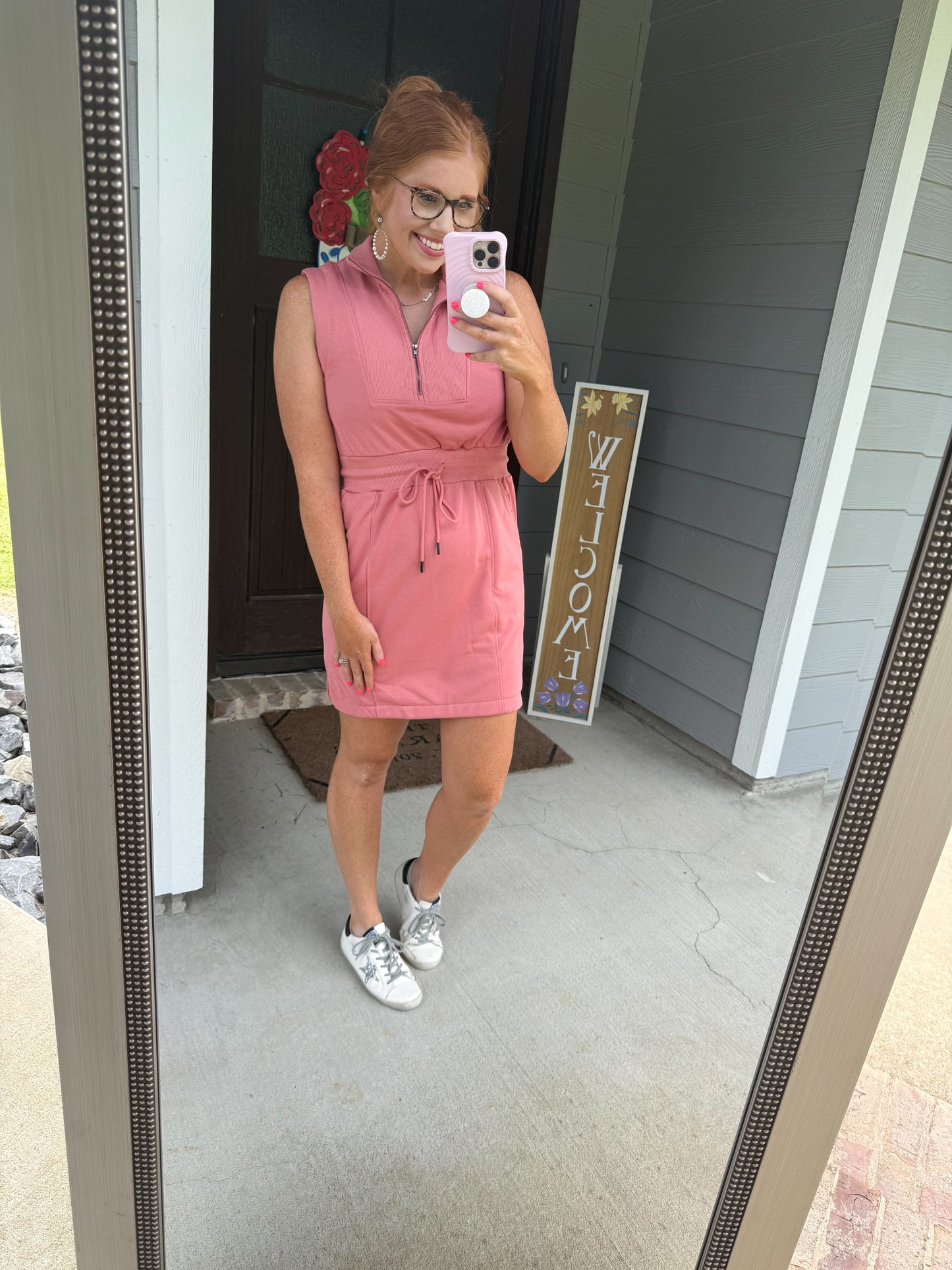 Mineral Pink Zipped Collar Drawstring Dress