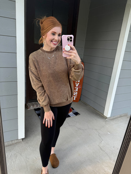 Acid Washed Fleece Pullover-Brown