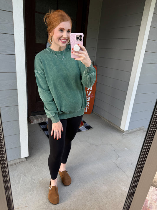 Acid Washed Fleece Pullover-Dark Green