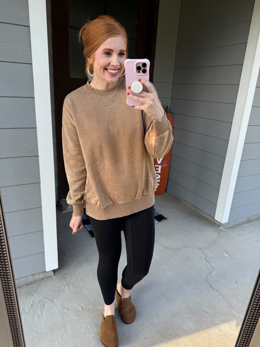 Acid Washed Fleece Pullover-Ash Mocha