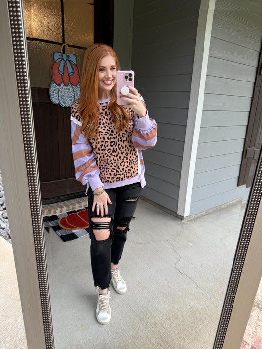 Leopard/Stripe Lavender Sweatshirt