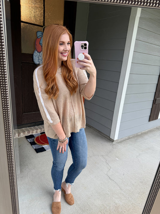 Beige Contrast Striped 3/4 Sleeve