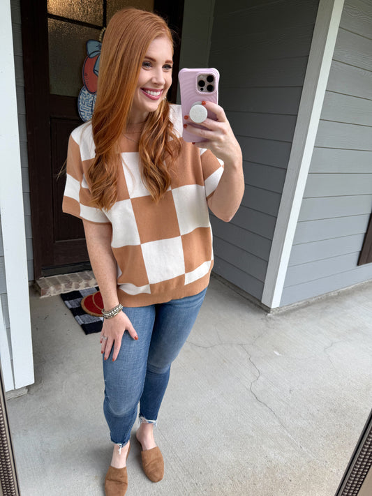 Short Sleeve Beige Checkered Top