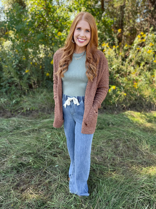 Popcorn Sweater Cardigan With Pocket