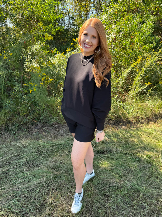 Ribbed Round Neck Pullover & Short Set-Black