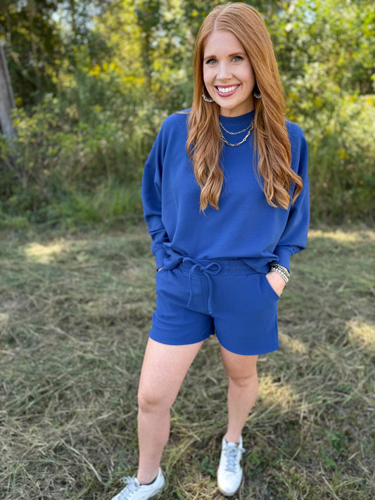 Ribbed Round Neck Pullover & Short Set- Royal Blue